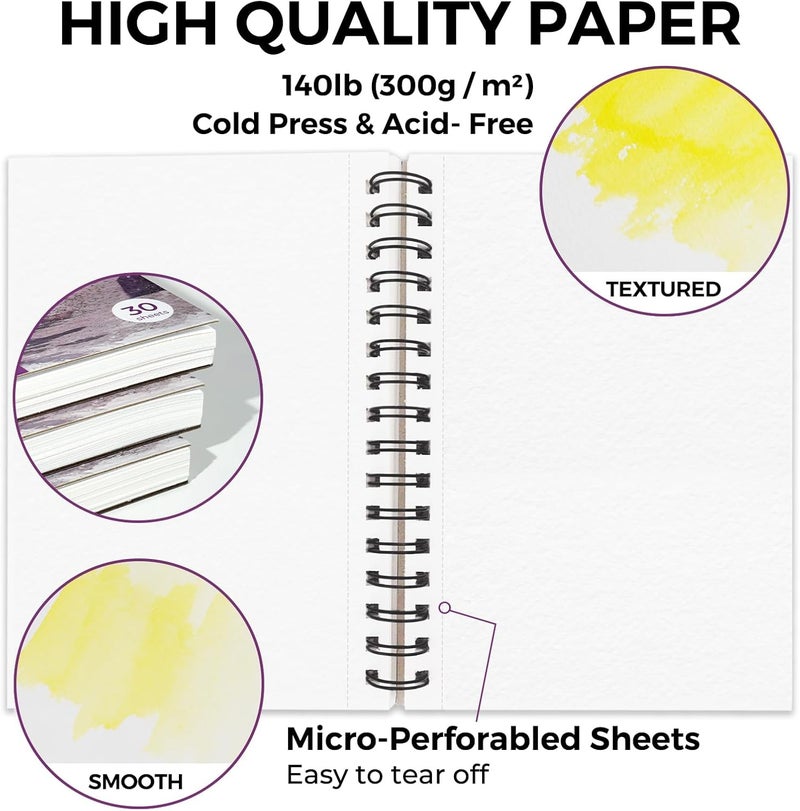 Funto Watercolor Pad 5.5x8.5, 3 Pack, 90 Sheets,140lb/300gsm, Double-Sided, Cold Press, Spiral Bound, Heavyweight Paper for Watercolor Painting - Image 3
